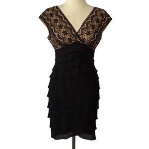 Adrianna Papell 10 Petite Black Lace Sheath Dress Tiered Skirt V-neckline